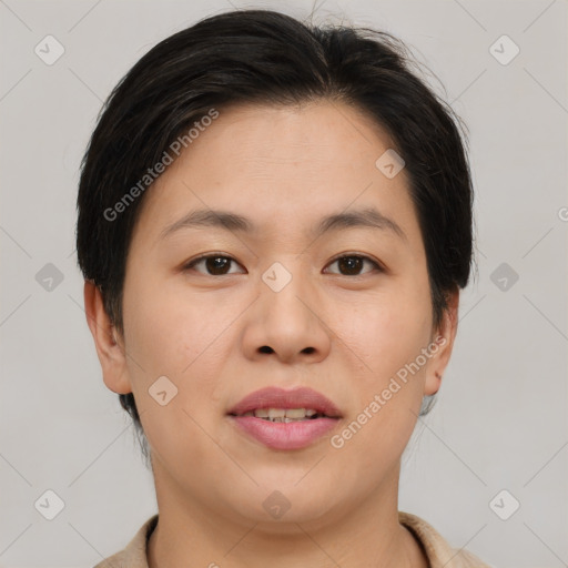 Joyful asian young-adult female with short  brown hair and brown eyes