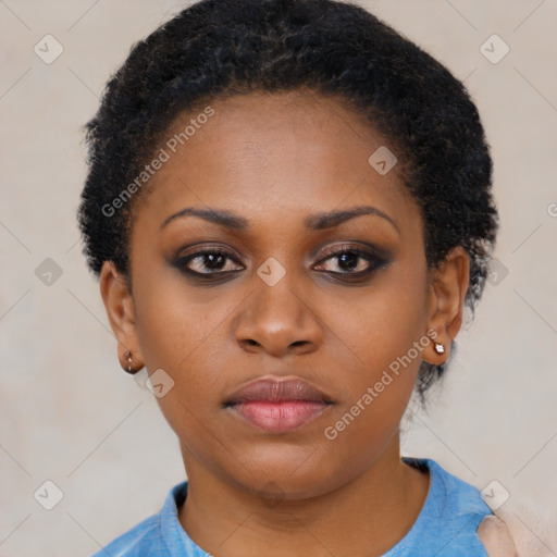 Neutral black young-adult female with short  black hair and brown eyes