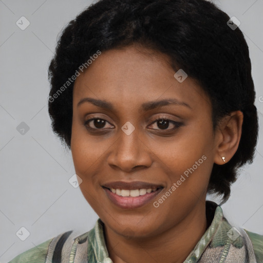 Joyful latino young-adult female with short  black hair and brown eyes