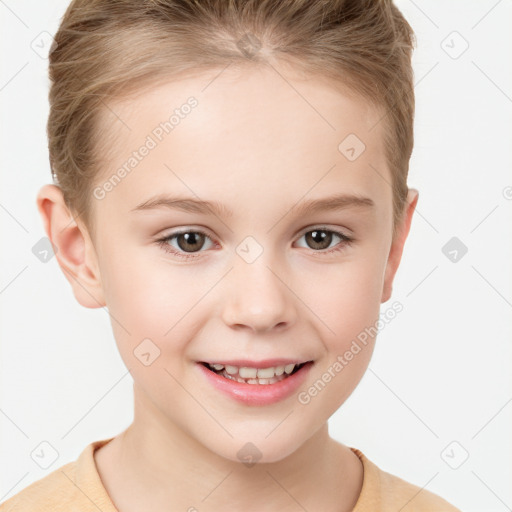 Joyful white child female with short  brown hair and brown eyes