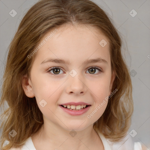 Joyful white child female with medium  brown hair and brown eyes