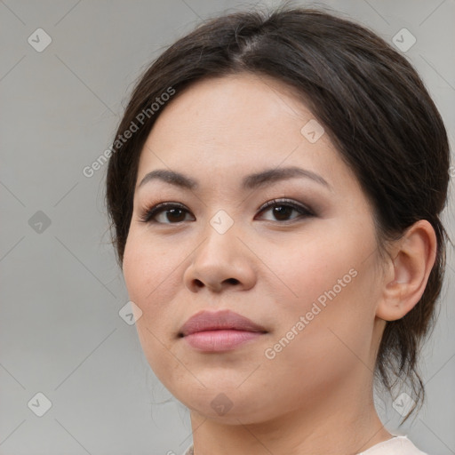 Neutral white young-adult female with medium  brown hair and brown eyes