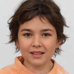 Joyful white child female with medium  brown hair and brown eyes