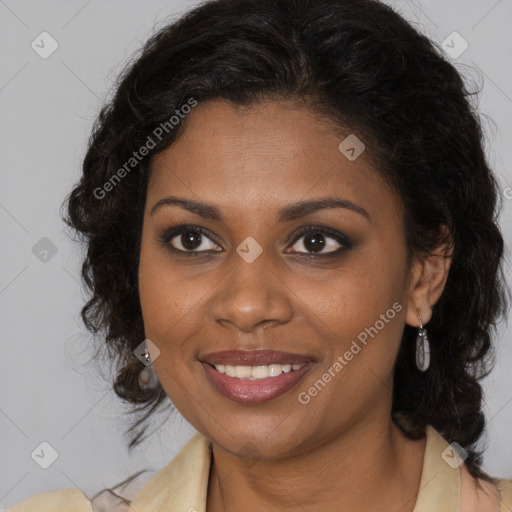 Joyful black young-adult female with long  brown hair and brown eyes