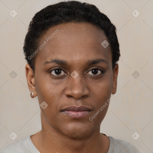 Neutral black young-adult female with short  black hair and brown eyes