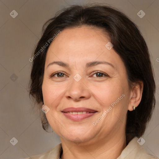 Joyful white adult female with medium  brown hair and brown eyes