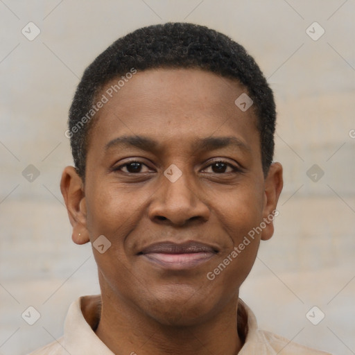 Joyful black young-adult male with short  brown hair and brown eyes