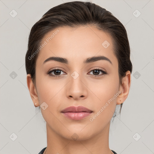 Neutral white young-adult female with medium  brown hair and brown eyes