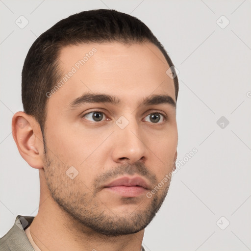 Neutral white young-adult male with short  brown hair and brown eyes