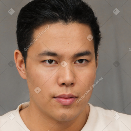 Neutral asian young-adult male with short  brown hair and brown eyes