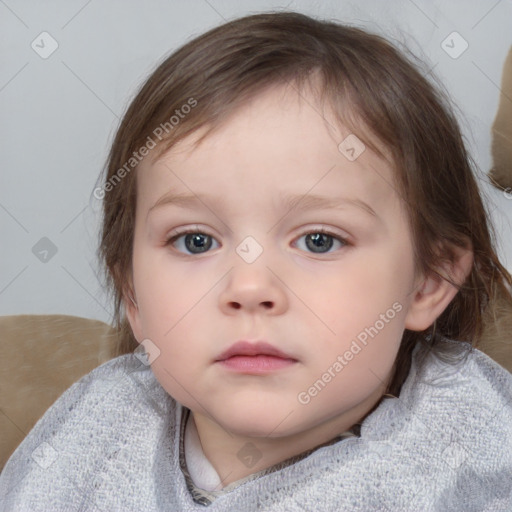 Neutral white child female with medium  brown hair and blue eyes