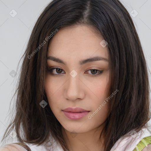 Neutral white young-adult female with long  brown hair and brown eyes