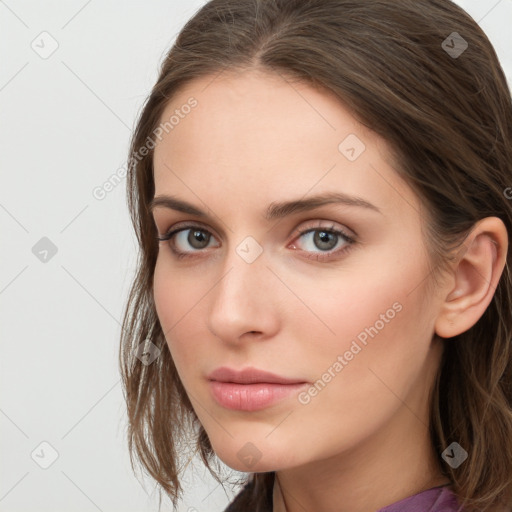 Neutral white young-adult female with long  brown hair and blue eyes