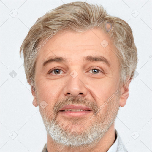 Joyful white middle-aged male with short  brown hair and grey eyes