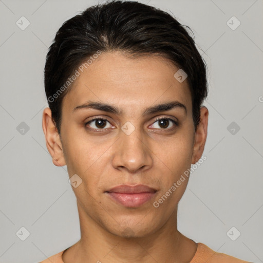 Joyful white young-adult female with short  brown hair and brown eyes