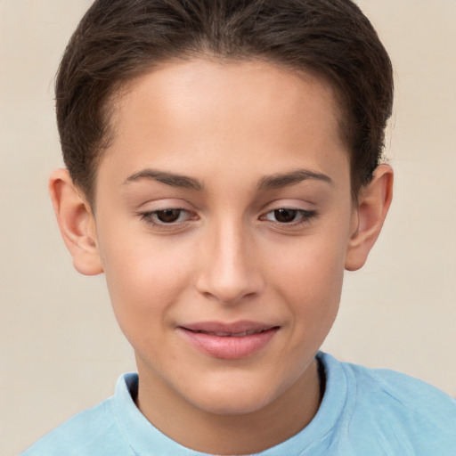 Joyful white child female with short  brown hair and brown eyes