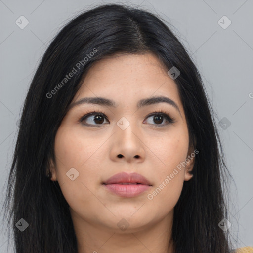 Neutral asian young-adult female with long  black hair and brown eyes