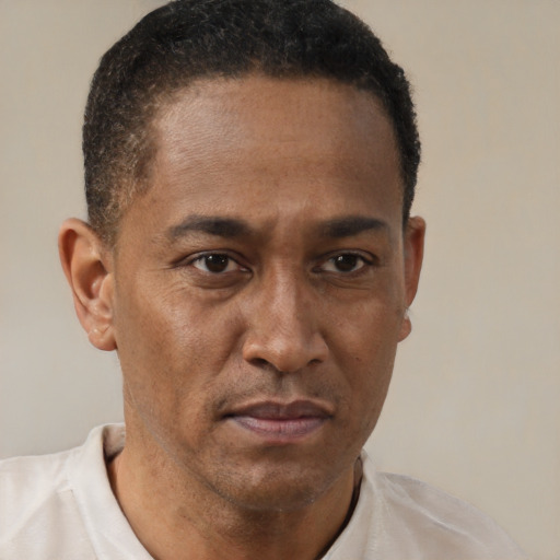 Neutral black adult male with short  brown hair and brown eyes
