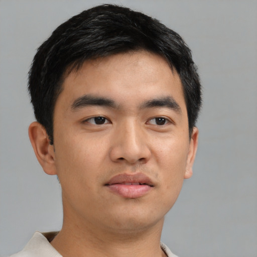 Neutral asian young-adult male with short  brown hair and brown eyes