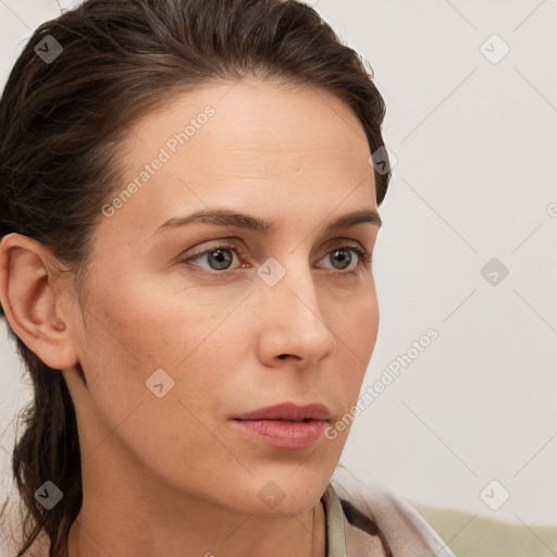 Neutral white young-adult female with short  brown hair and brown eyes