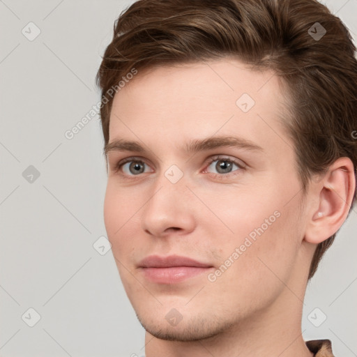 Neutral white young-adult male with short  brown hair and grey eyes