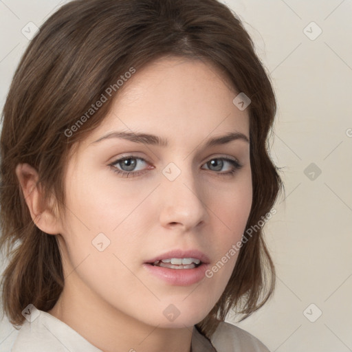 Neutral white young-adult female with medium  brown hair and brown eyes