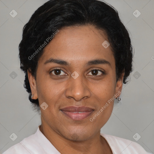 Joyful latino young-adult female with short  brown hair and brown eyes