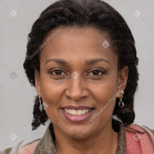 Joyful latino adult female with medium  brown hair and brown eyes