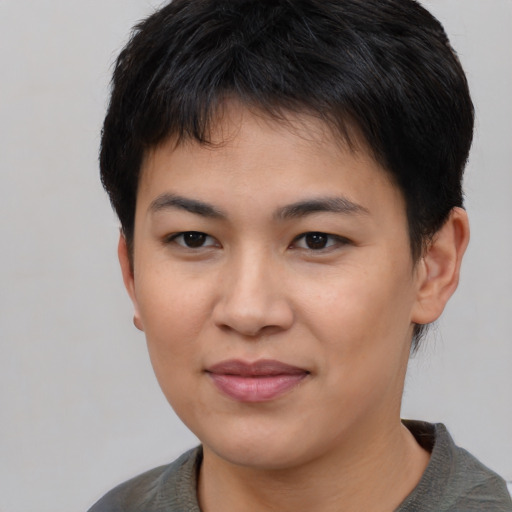 Joyful asian young-adult female with short  brown hair and brown eyes