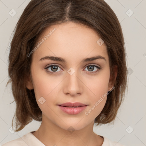 Neutral white young-adult female with medium  brown hair and brown eyes