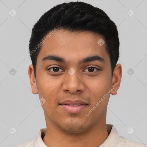 Joyful latino young-adult male with short  black hair and brown eyes