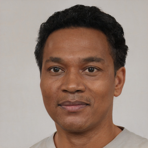 Joyful black adult male with short  black hair and brown eyes