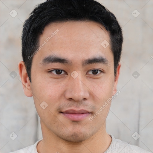 Neutral asian young-adult male with short  black hair and brown eyes