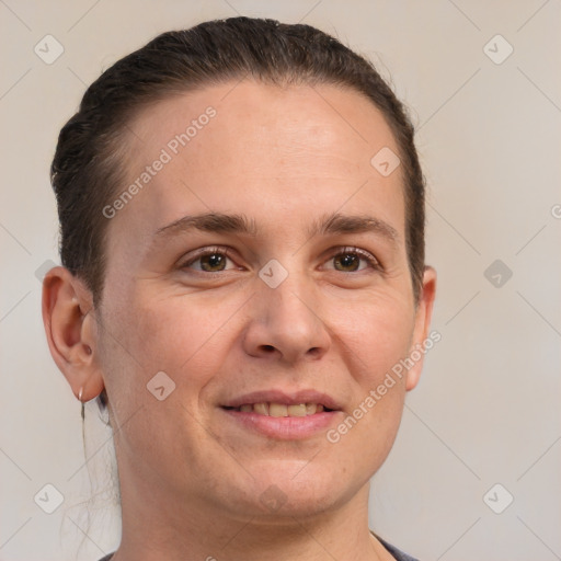 Joyful white young-adult female with short  brown hair and brown eyes