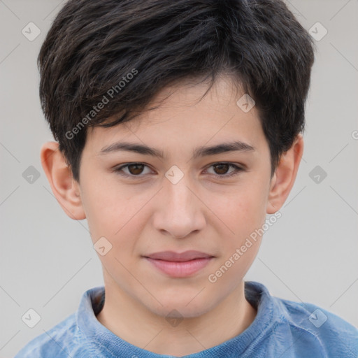 Joyful white child male with short  brown hair and brown eyes