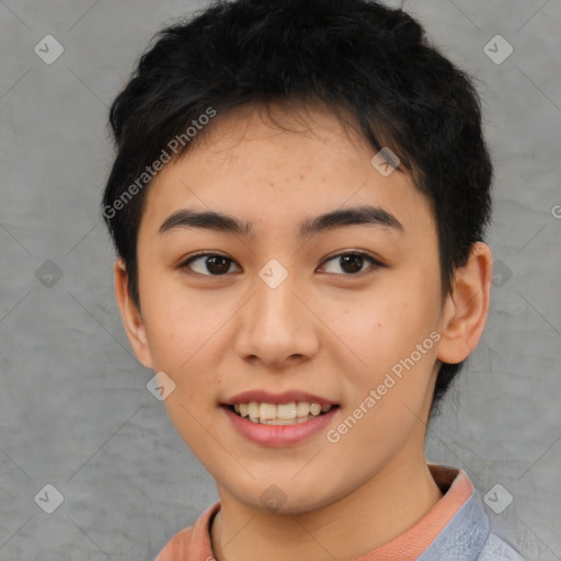 Joyful asian young-adult female with short  black hair and brown eyes