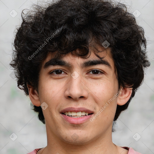 Joyful white young-adult male with medium  brown hair and brown eyes