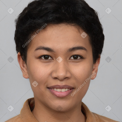 Joyful latino young-adult female with short  brown hair and brown eyes