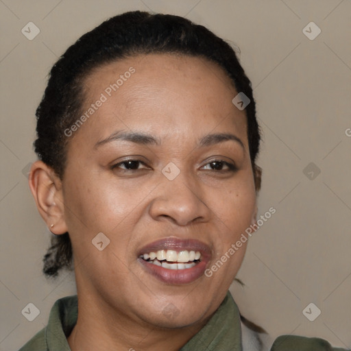 Joyful black adult female with short  brown hair and brown eyes