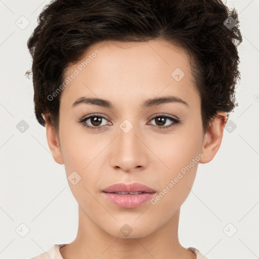 Neutral white young-adult female with short  brown hair and brown eyes