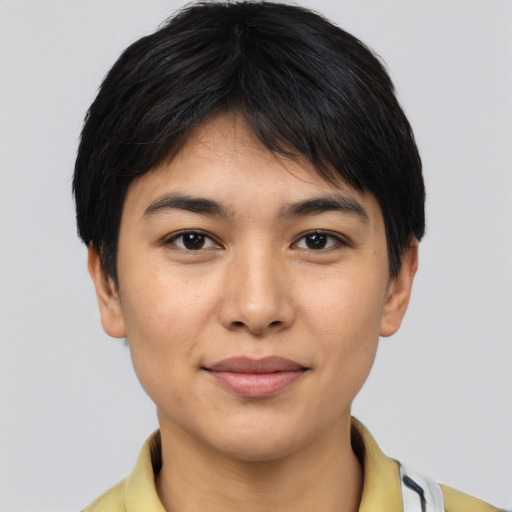 Joyful asian young-adult female with short  brown hair and brown eyes