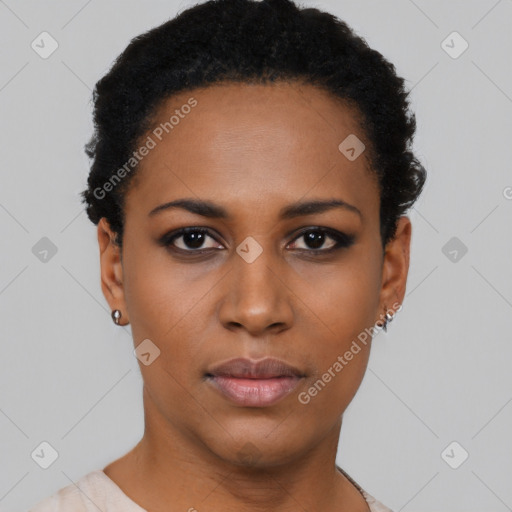 Neutral black young-adult female with short  black hair and brown eyes