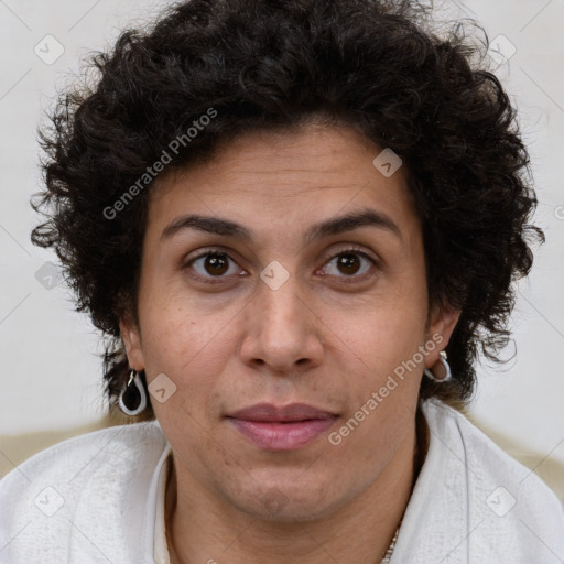 Joyful white adult female with short  brown hair and brown eyes