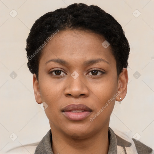 Neutral black young-adult female with short  black hair and brown eyes