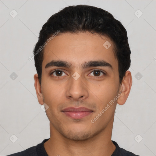 Neutral latino young-adult male with short  black hair and brown eyes