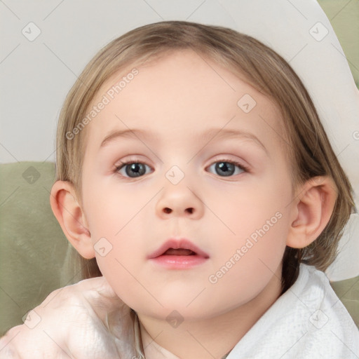 Neutral white child female with medium  brown hair and blue eyes