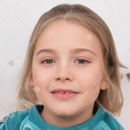 Neutral white child female with medium  brown hair and grey eyes