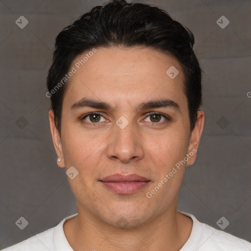 Joyful white young-adult male with short  brown hair and brown eyes