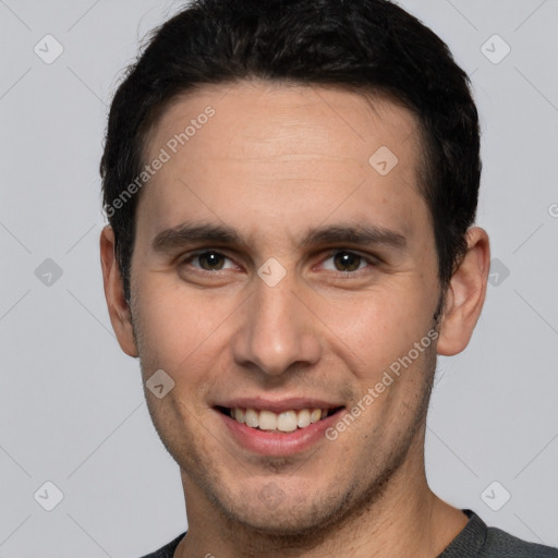 Joyful white young-adult male with short  brown hair and brown eyes