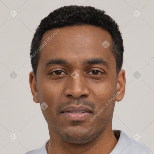 Neutral black young-adult male with short  black hair and brown eyes